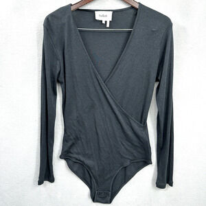 BASH Ba and Sh Celia Bodysuit Womens Large V Neck Faux Wrap Minimalist Black